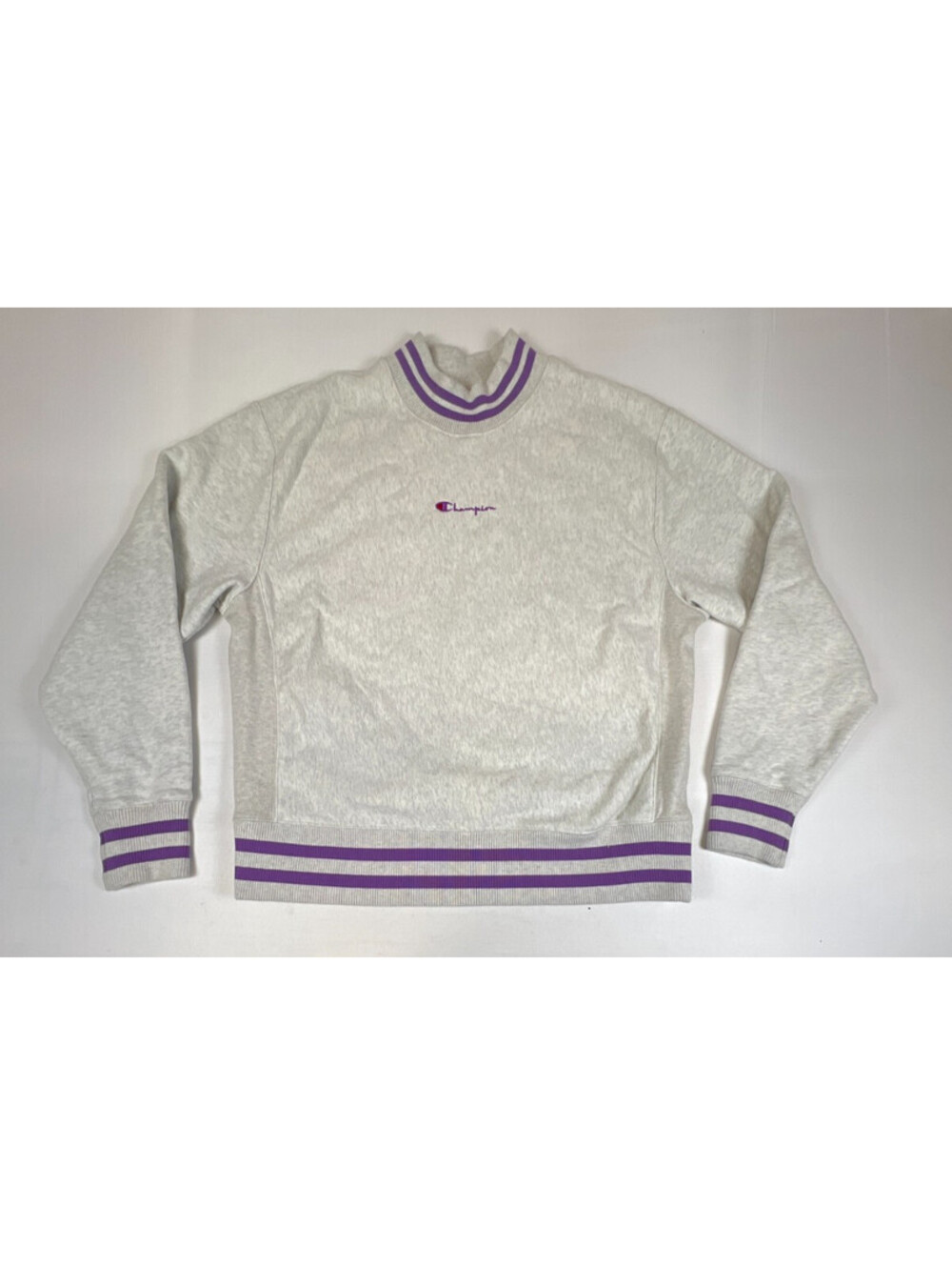 Champion Men L Reverse Weave Sweatshirt Gray Purple Striped Mock Neck Pullover
